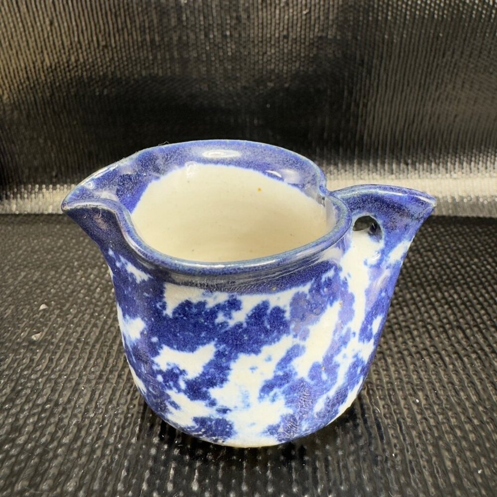 Vintage Miniature Cobalt Blue White Spongeware Pottery Stoneware Hanging Pitcher